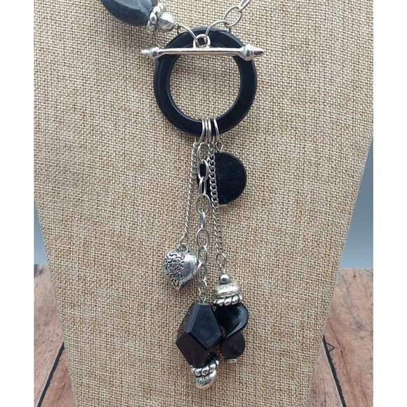 Black Silver Tone Station Statement Necklace Chain Front Toggle Tassel Pendants - Picture 4 of 11